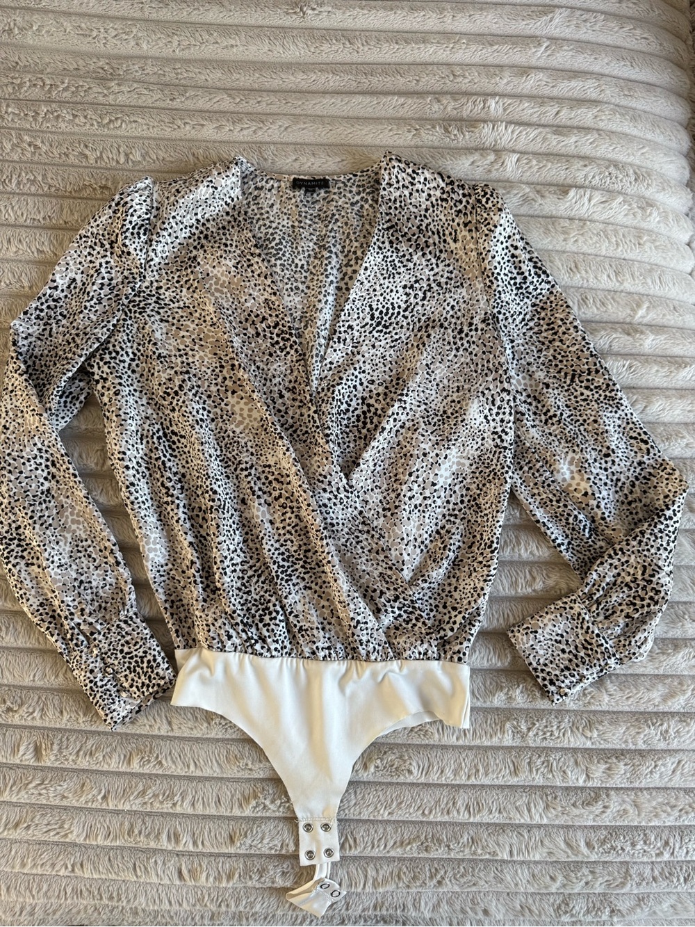 Dynamite Black & White Spotted Faux-Wrap Long Sleeve Bodysuit